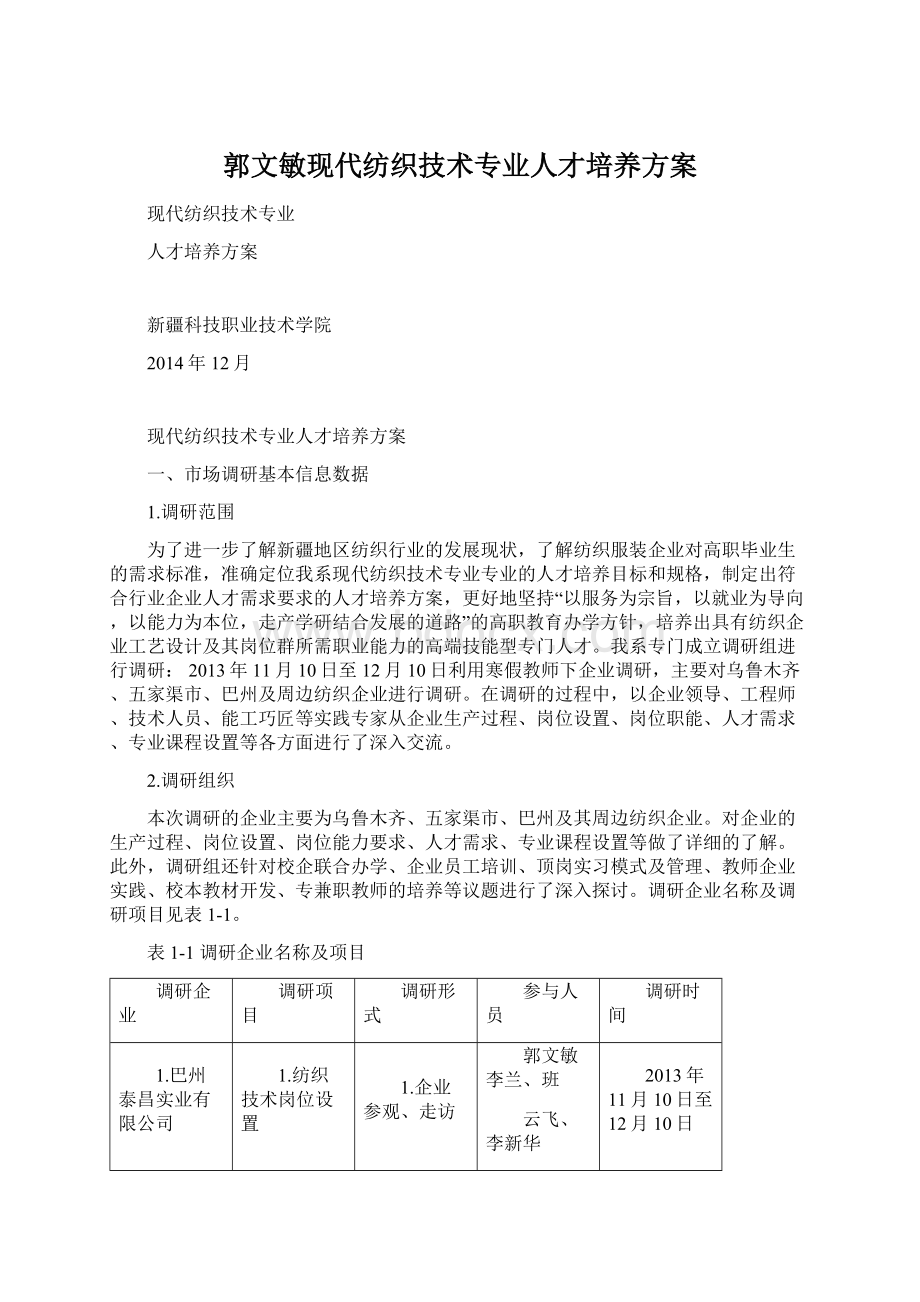 郭文敏现代纺织技术专业人才培养方案Word格式.docx