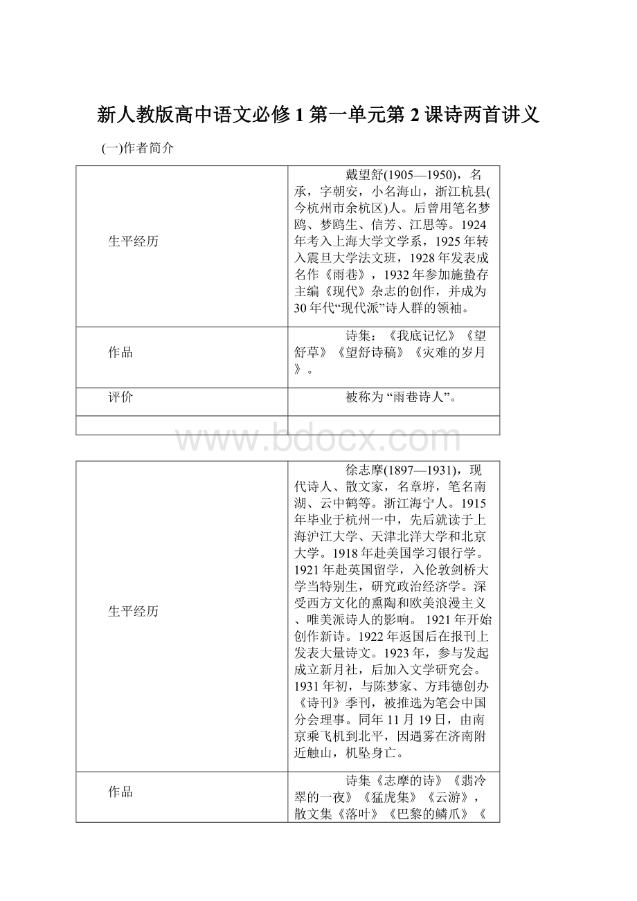 新人教版高中语文必修1第一单元第2课诗两首讲义.docx