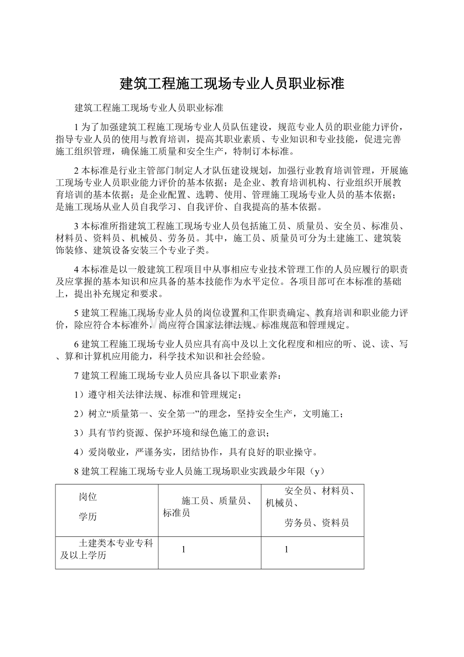 建筑工程施工现场专业人员职业标准Word下载.docx_第1页