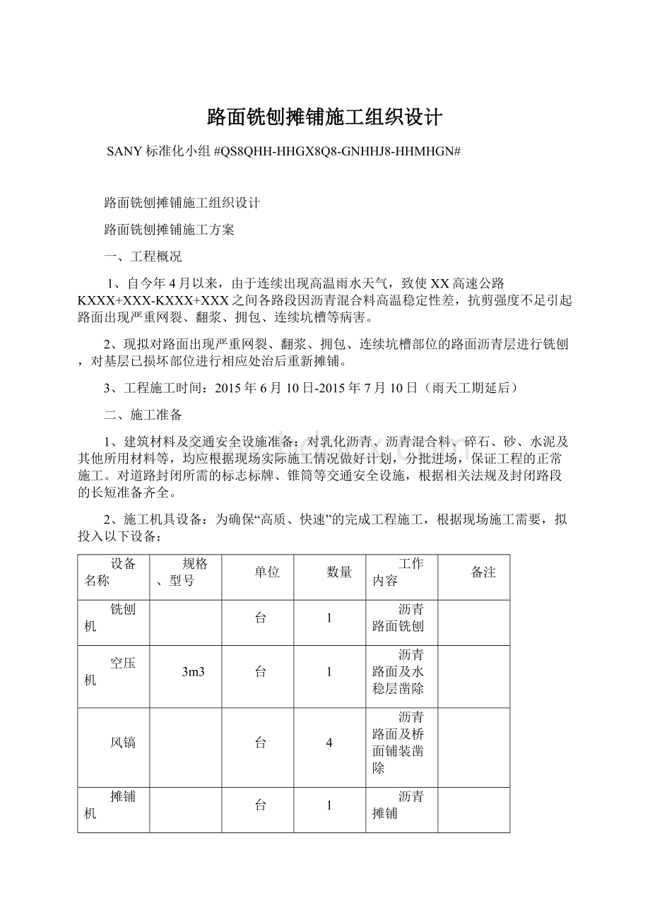 路面铣刨摊铺施工组织设计Word下载.docx