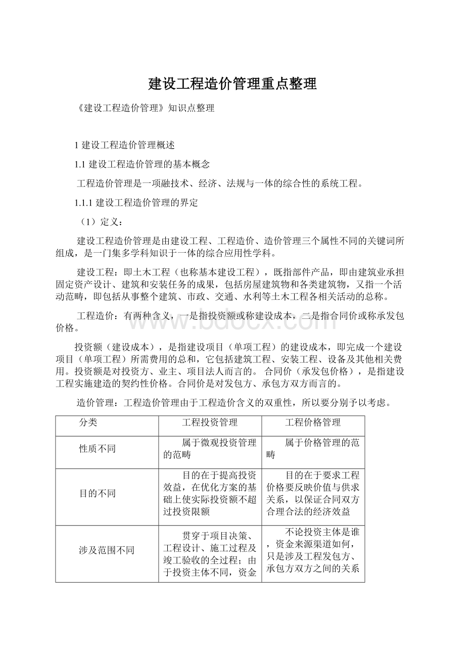 建设工程造价管理重点整理Word文档下载推荐.docx_第1页