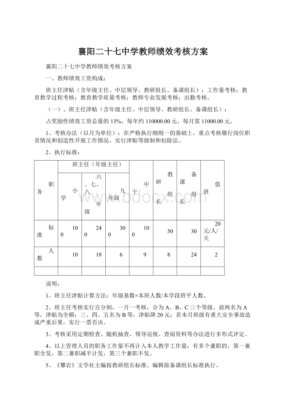 襄阳二十七中学教师绩效考核方案.docx