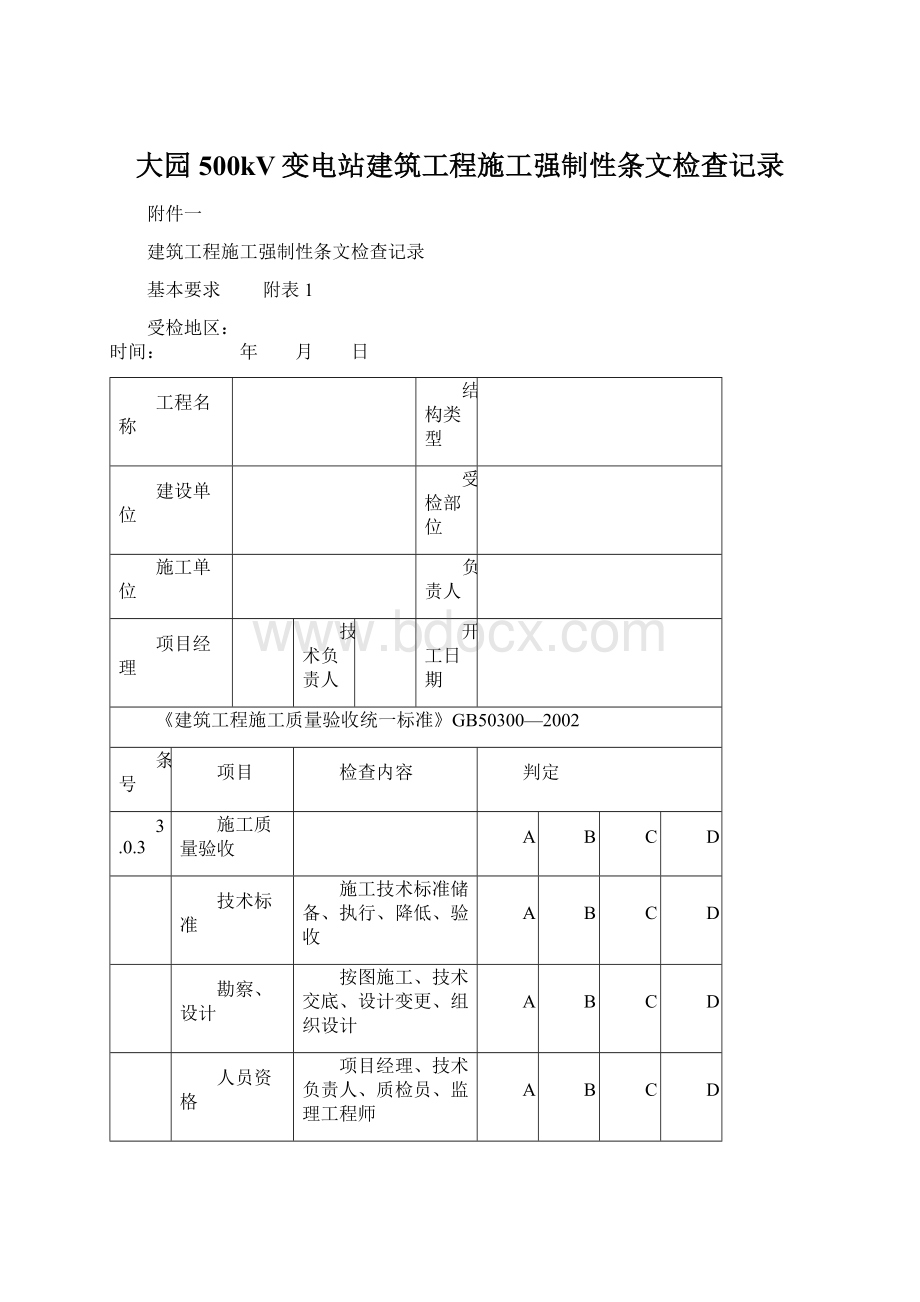 大园500kV变电站建筑工程施工强制性条文检查记录.docx_第1页