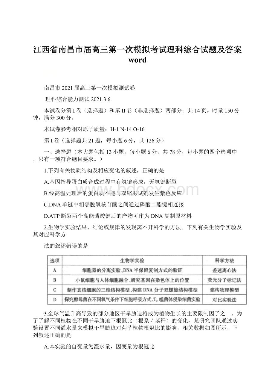 江西省南昌市届高三第一次模拟考试理科综合试题及答案 wordWord文件下载.docx_第1页