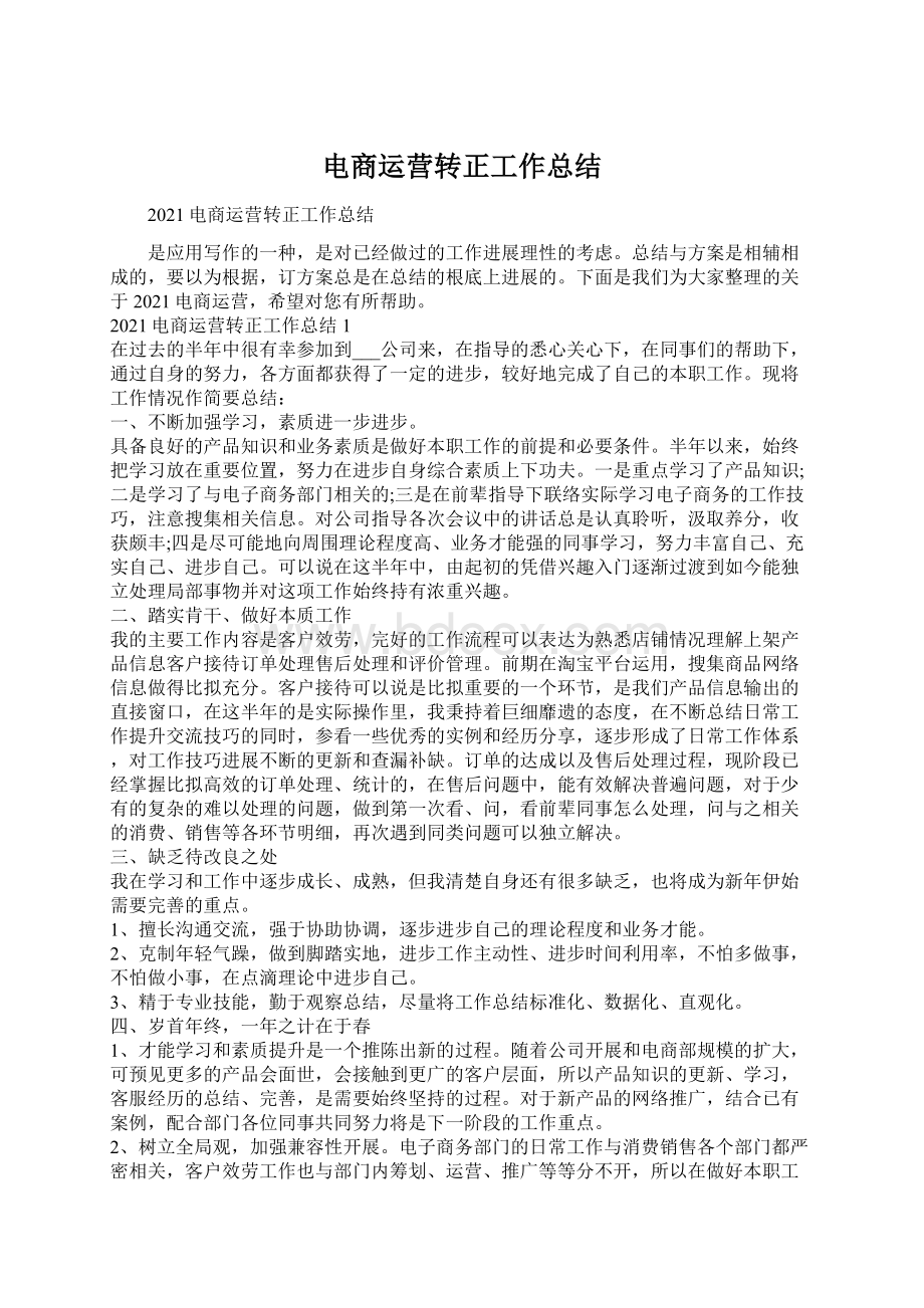 电商运营转正工作总结Word格式文档下载.docx