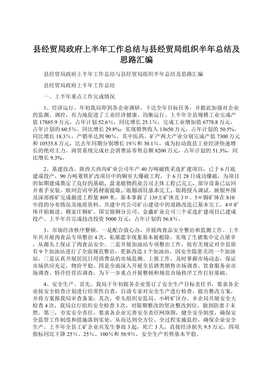 县经贸局政府上半年工作总结与县经贸局组织半年总结及思路汇编文档格式.docx_第1页