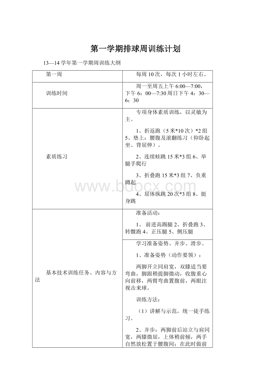 第一学期排球周训练计划Word文档格式.docx