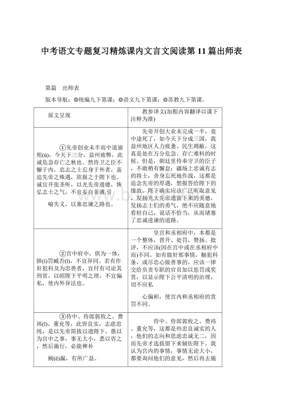 中考语文专题复习精炼课内文言文阅读第11篇出师表.docx