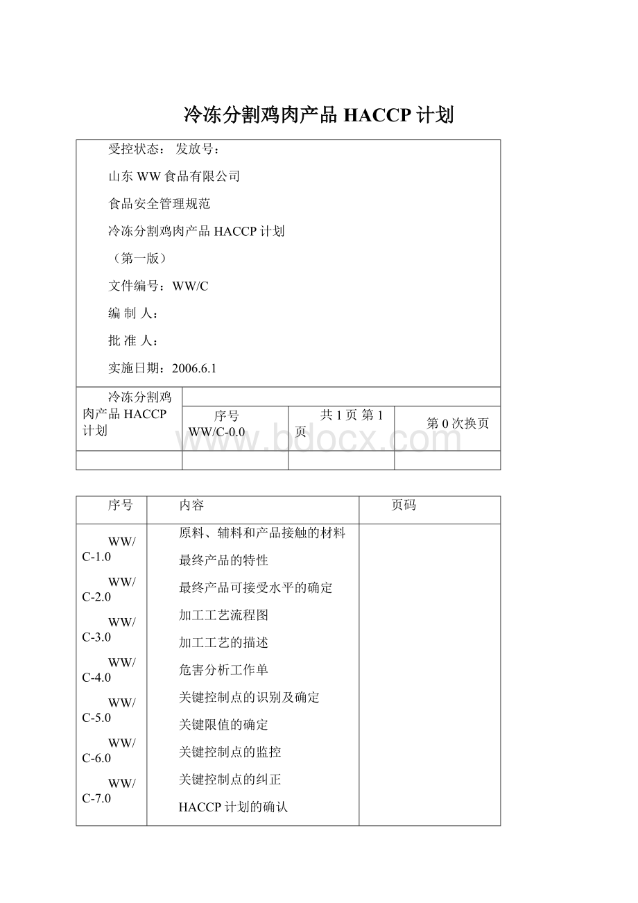 冷冻分割鸡肉产品HACCP计划Word下载.docx_第1页