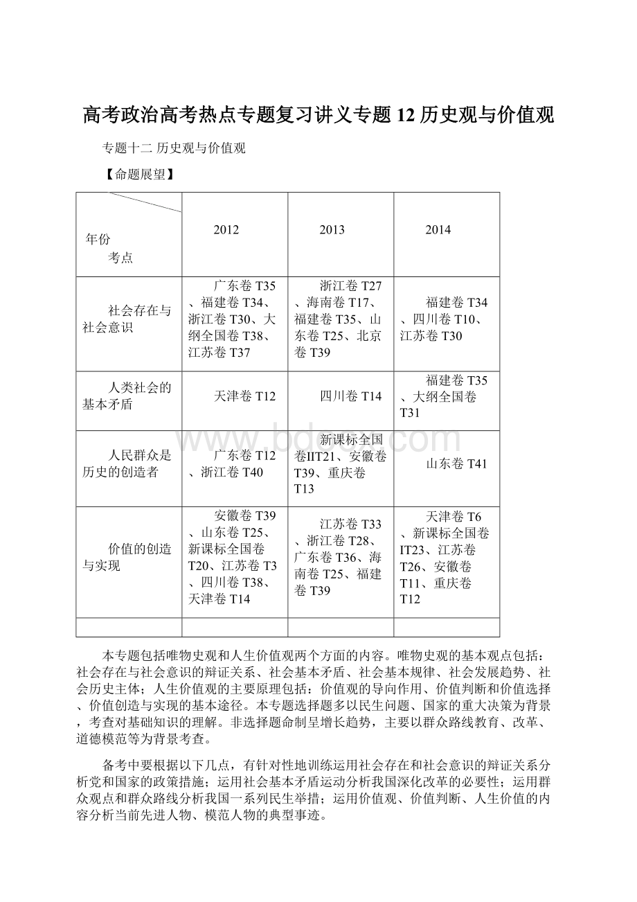 高考政治高考热点专题复习讲义专题12历史观与价值观.docx_第1页