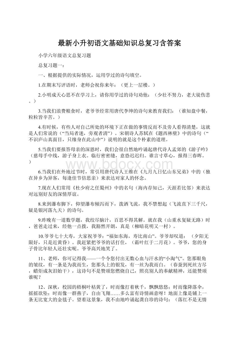 最新小升初语文基础知识总复习含答案.docx