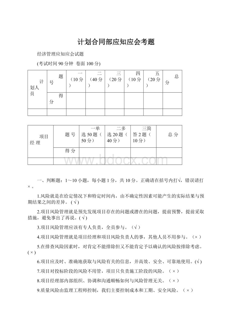 计划合同部应知应会考题.docx