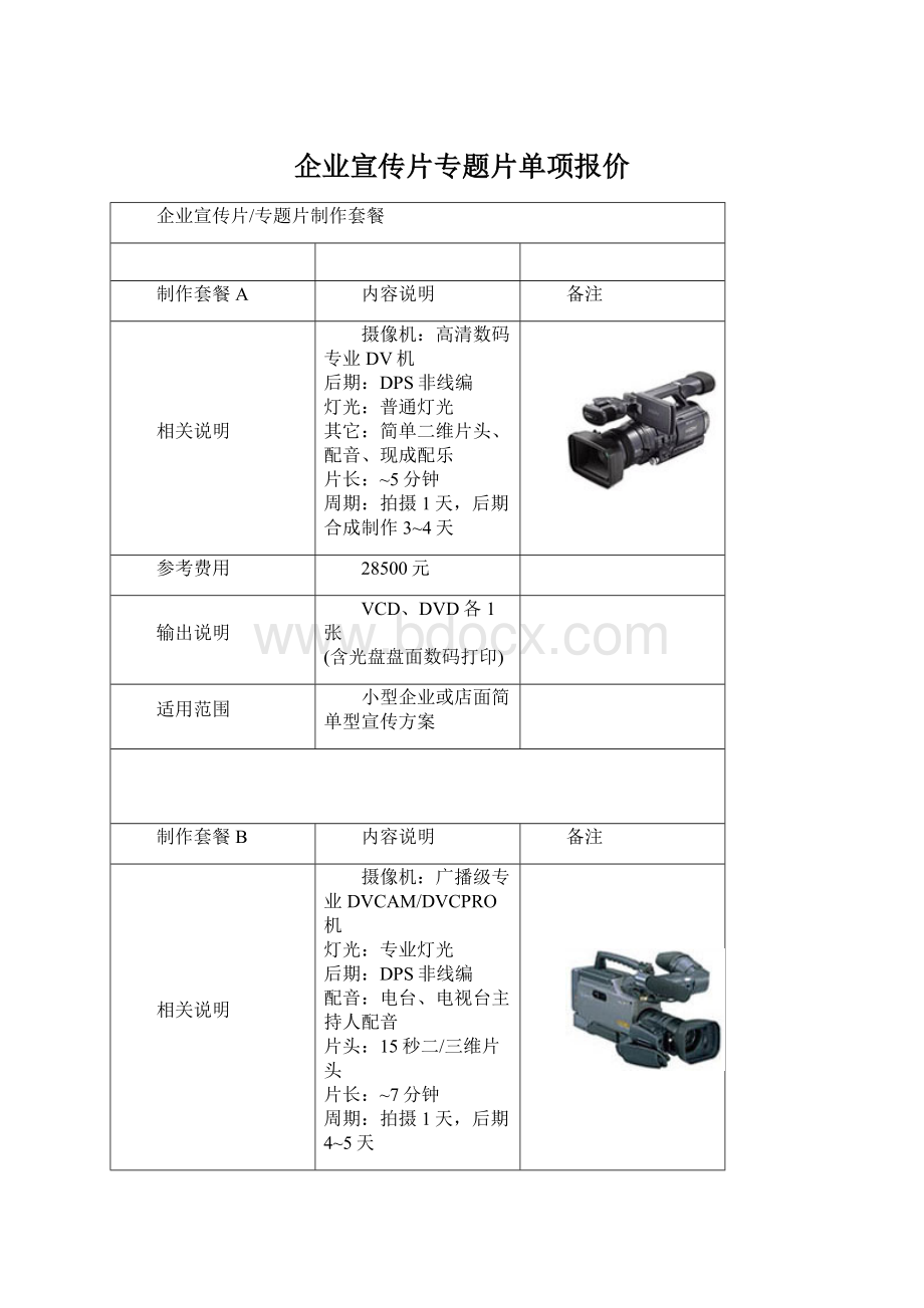 企业宣传片专题片单项报价.docx_第1页