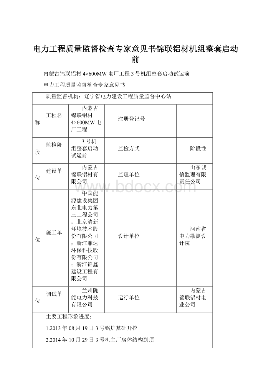 电力工程质量监督检查专家意见书锦联铝材机组整套启动前文档格式.docx