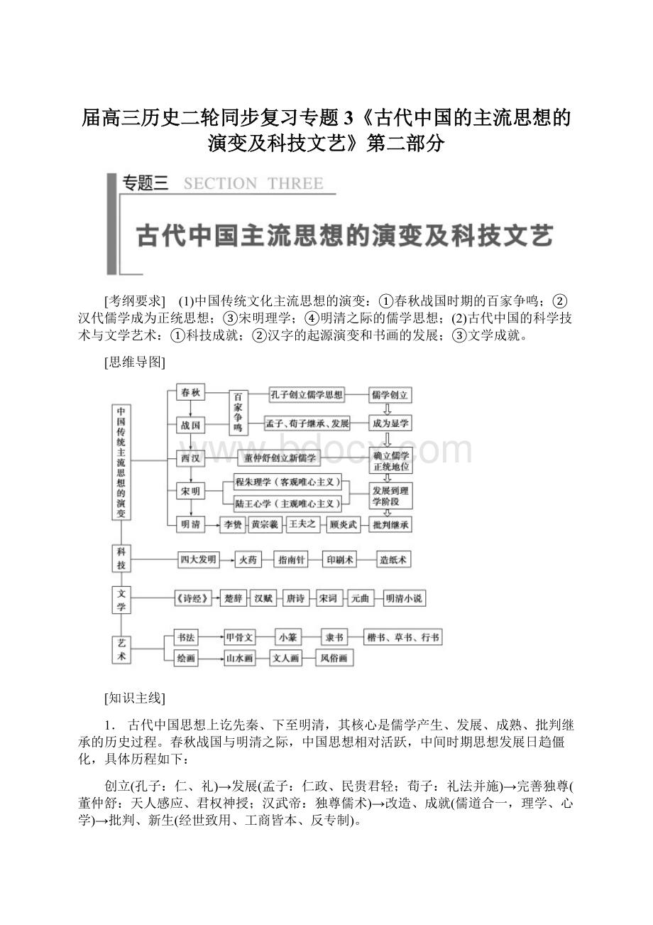 届高三历史二轮同步复习专题3《古代中国的主流思想的演变及科技文艺》第二部分Word文件下载.docx_第1页