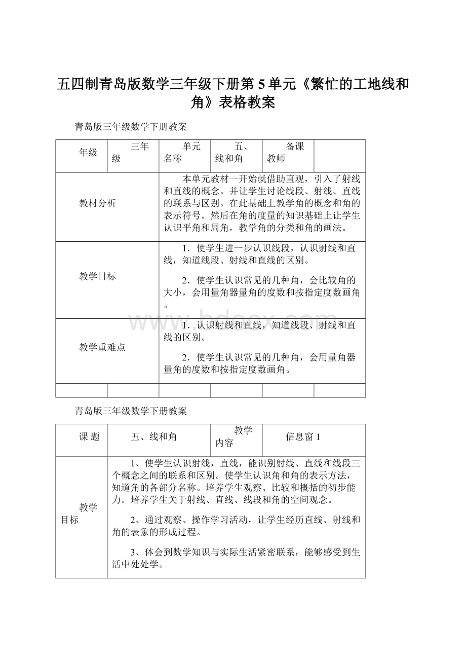 五四制青岛版数学三年级下册第5单元《繁忙的工地线和角》表格教案.docx_第1页