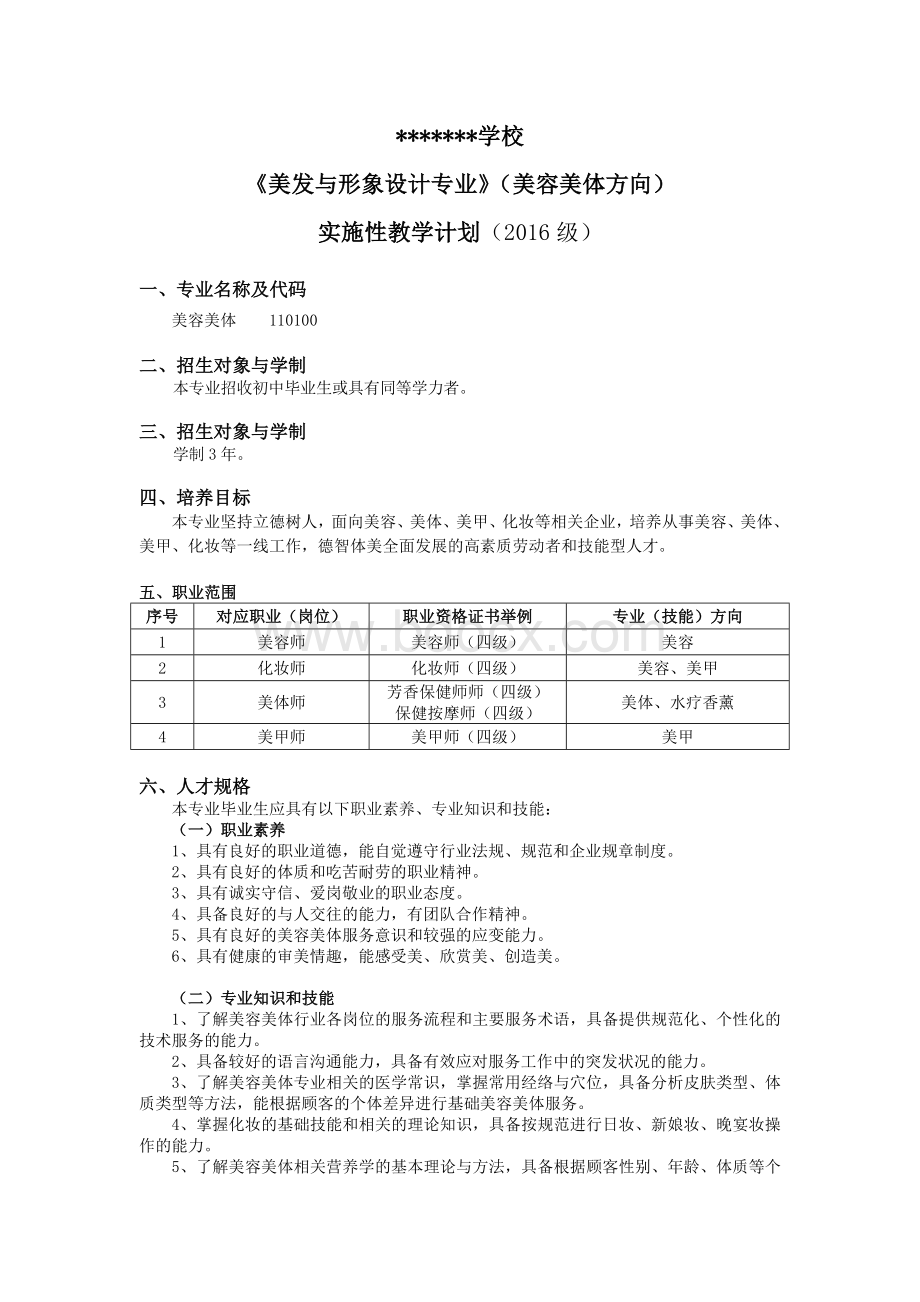 形象设计(美容美体)实施性教学计划.doc_第1页