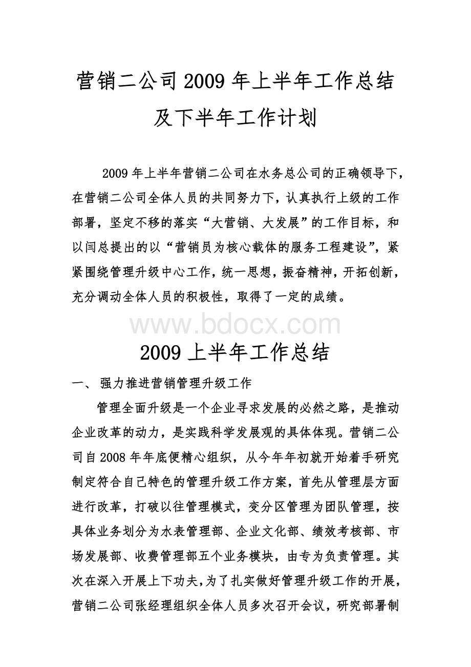 营销二公司2009年上半年工作总结及下半年工作计划.doc_第1页