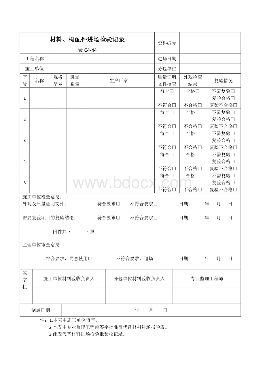 材料、构配件进场检验记录表C4-44.doc_第1页