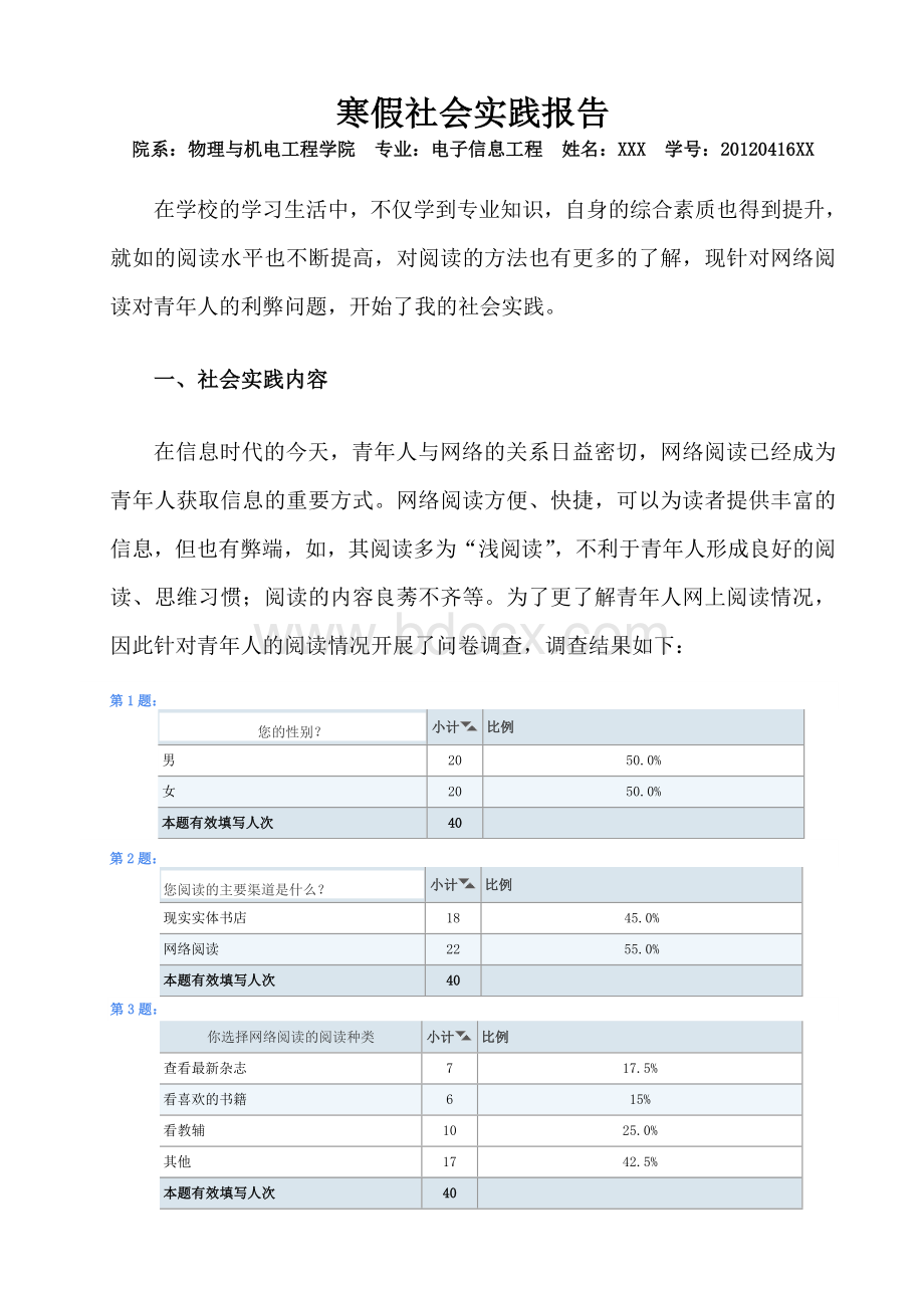 社会实践报告网络阅读对青年人的利弊问题Word文件下载.doc