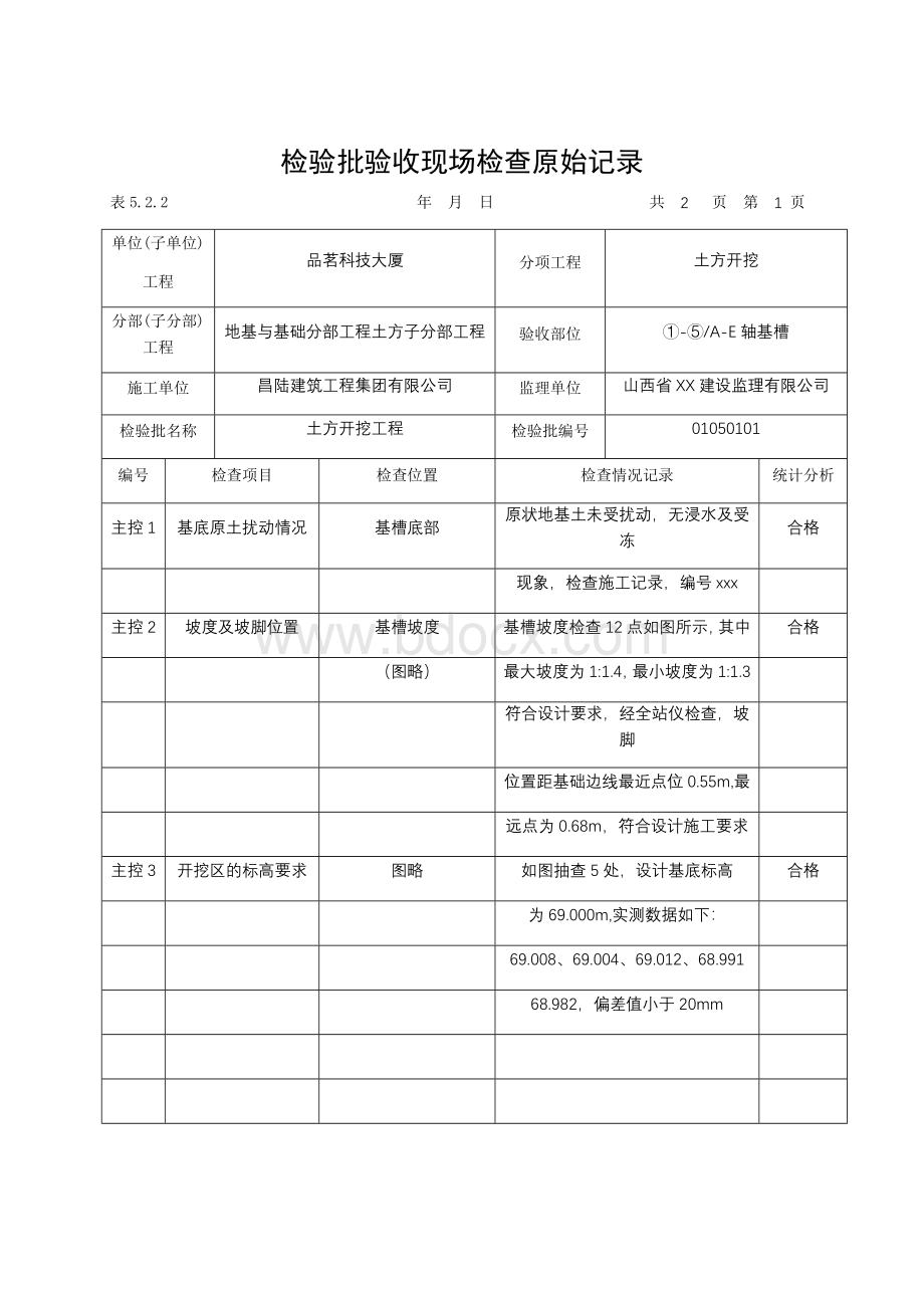 检验批验收现场检查原始记录-土方开挖Word文件下载.docx