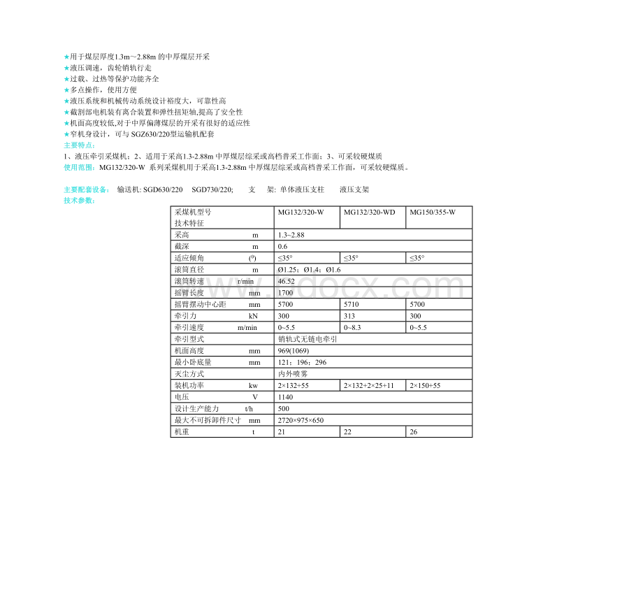 采煤机型号及主要参数Word文档下载推荐.doc