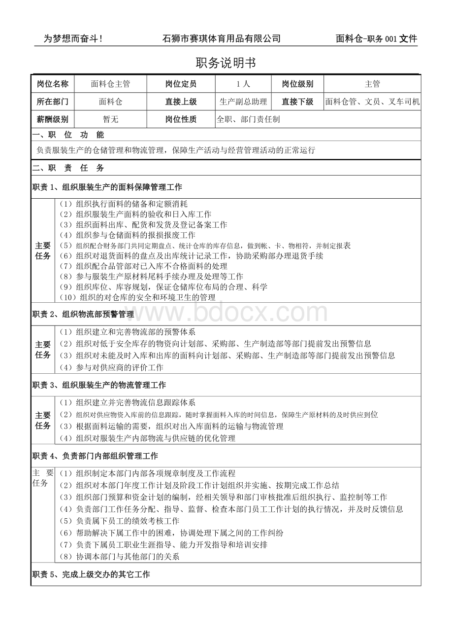 职务说明书-面料仓主管Word格式文档下载.doc