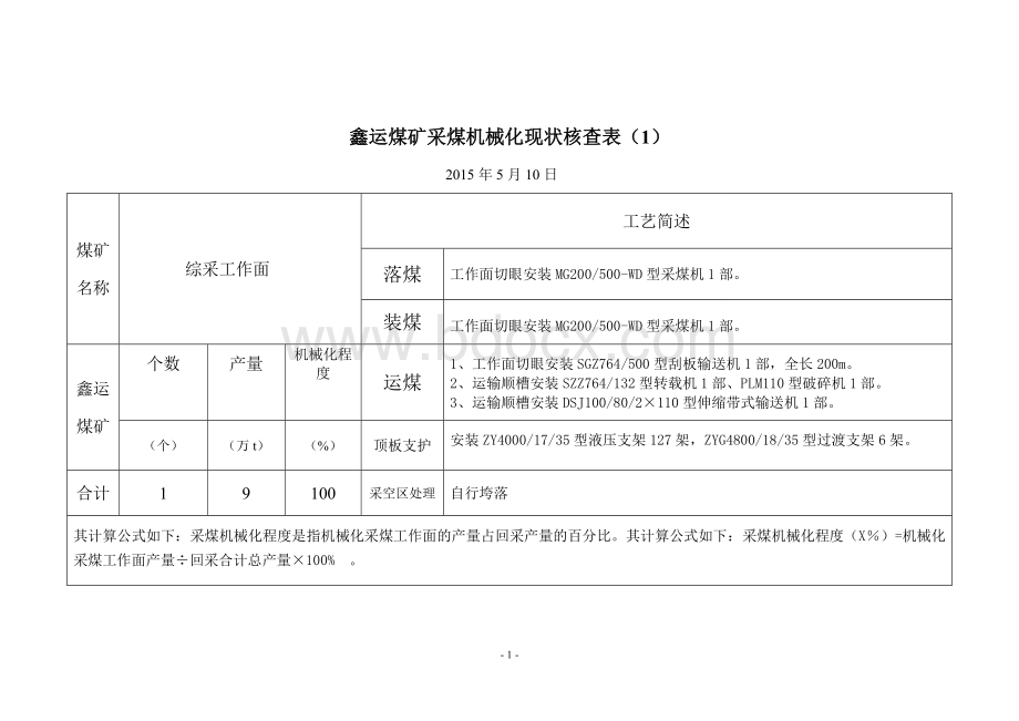 鑫运煤矿综合机械化程度评定表2015、5、10.doc_第1页