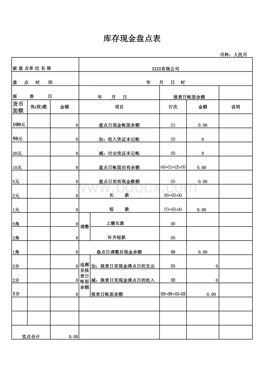 现金盘点表模板表格文件下载.xls