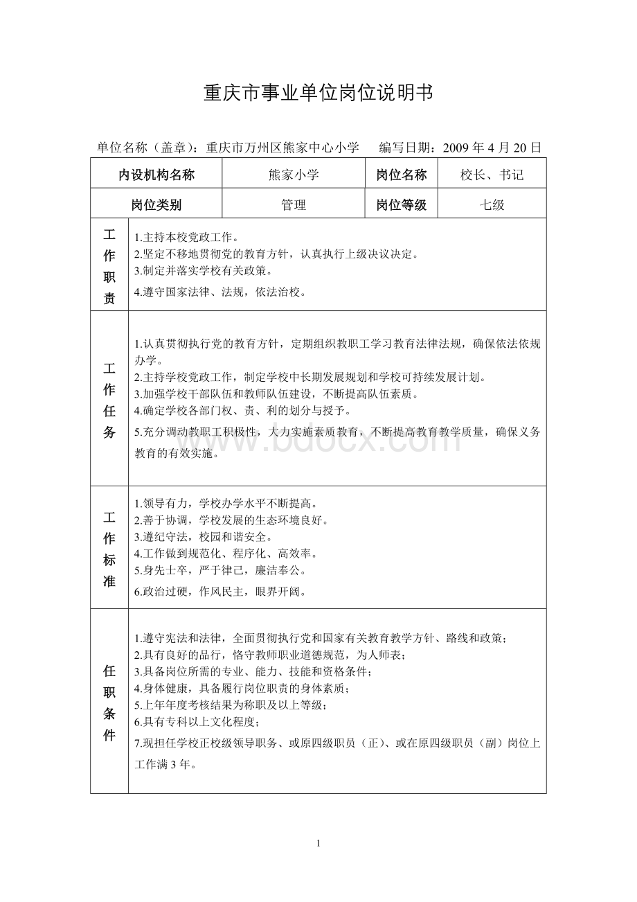 重庆市事业单位岗位说明书4Word文件下载.doc_第1页