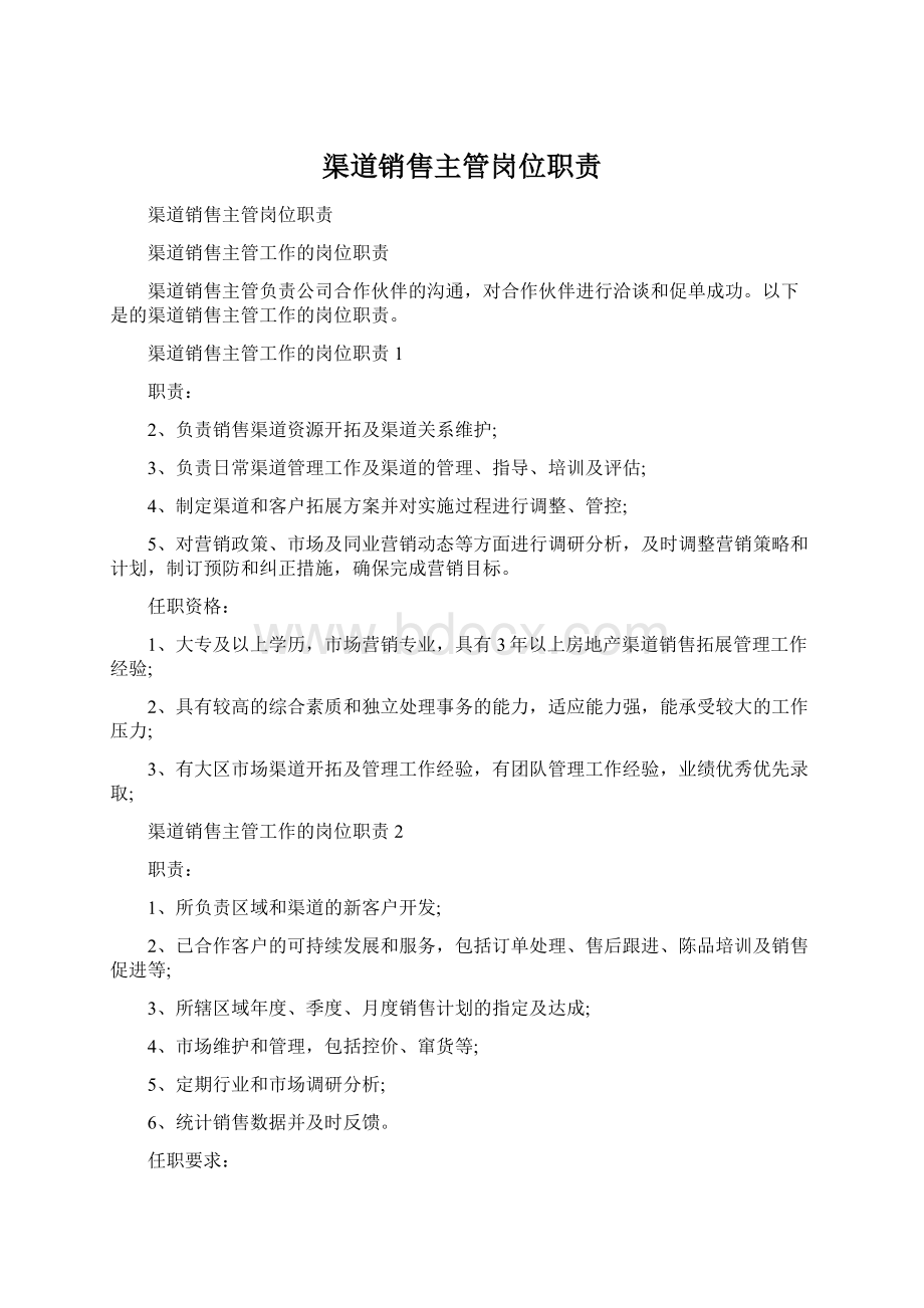 渠道销售主管岗位职责文档格式.docx_第1页