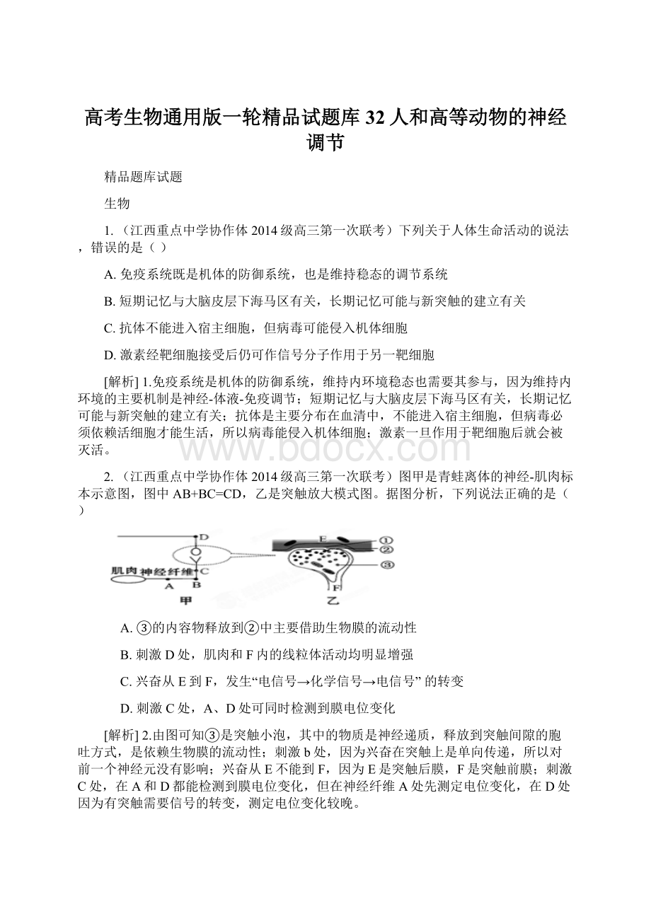 高考生物通用版一轮精品试题库32人和高等动物的神经调节Word格式文档下载.docx_第1页