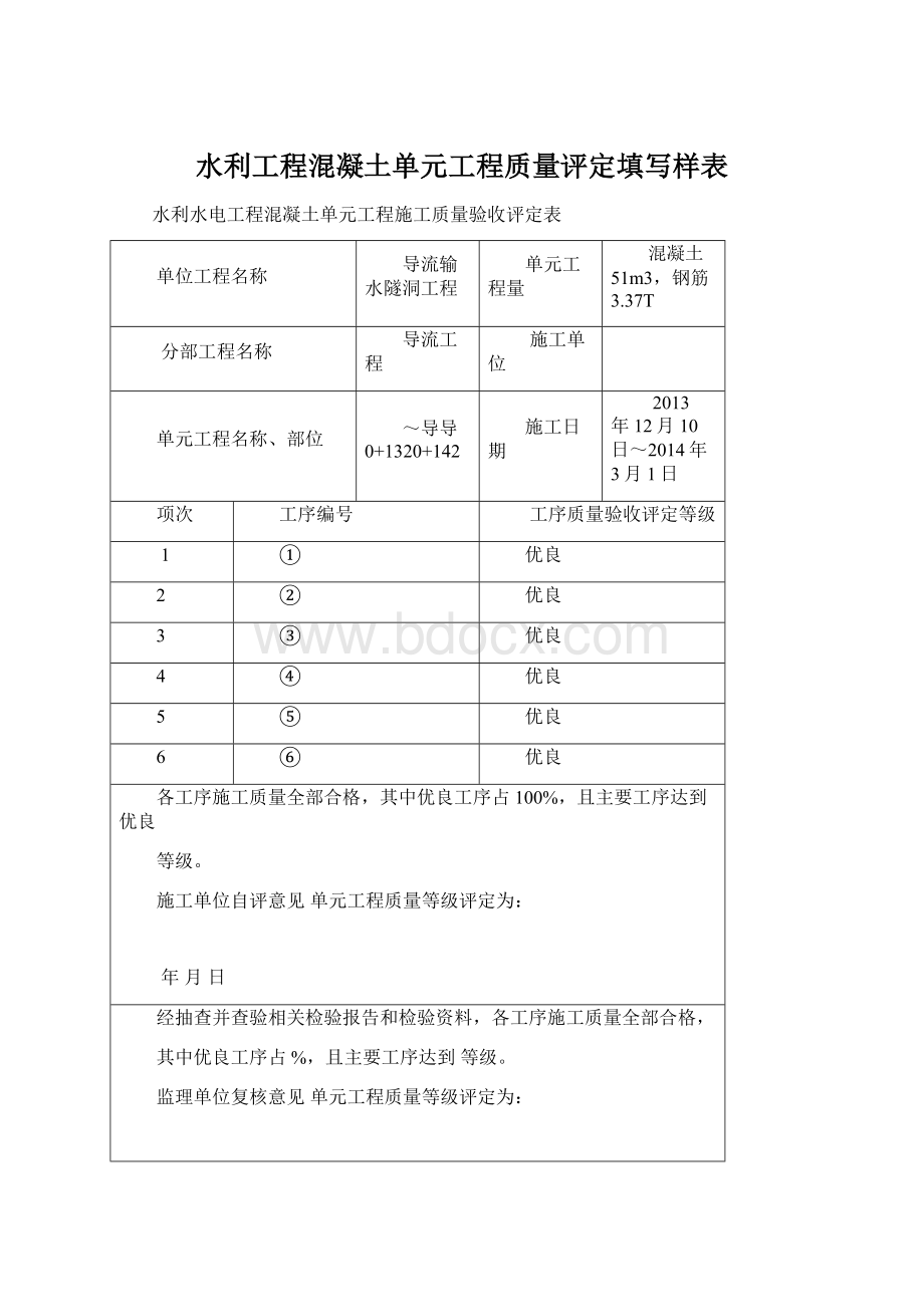 水利工程混凝土单元工程质量评定填写样表Word文档下载推荐.docx