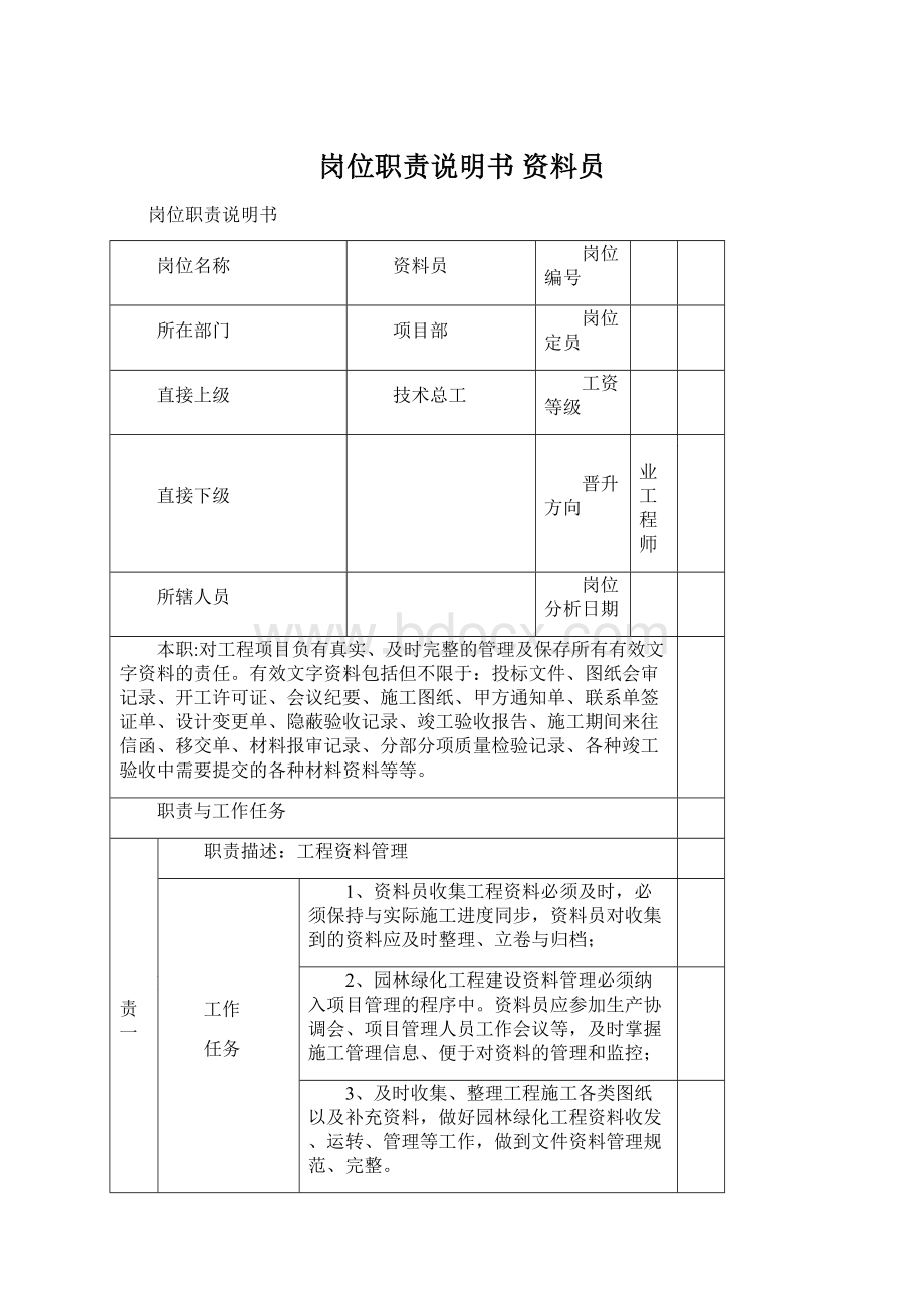 岗位职责说明书资料员Word文档下载推荐.docx