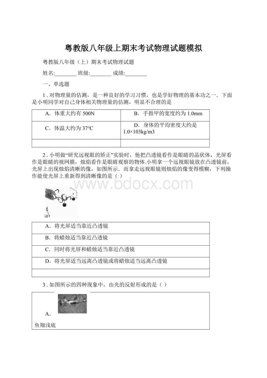 粤教版八年级上期末考试物理试题模拟.docx_第1页