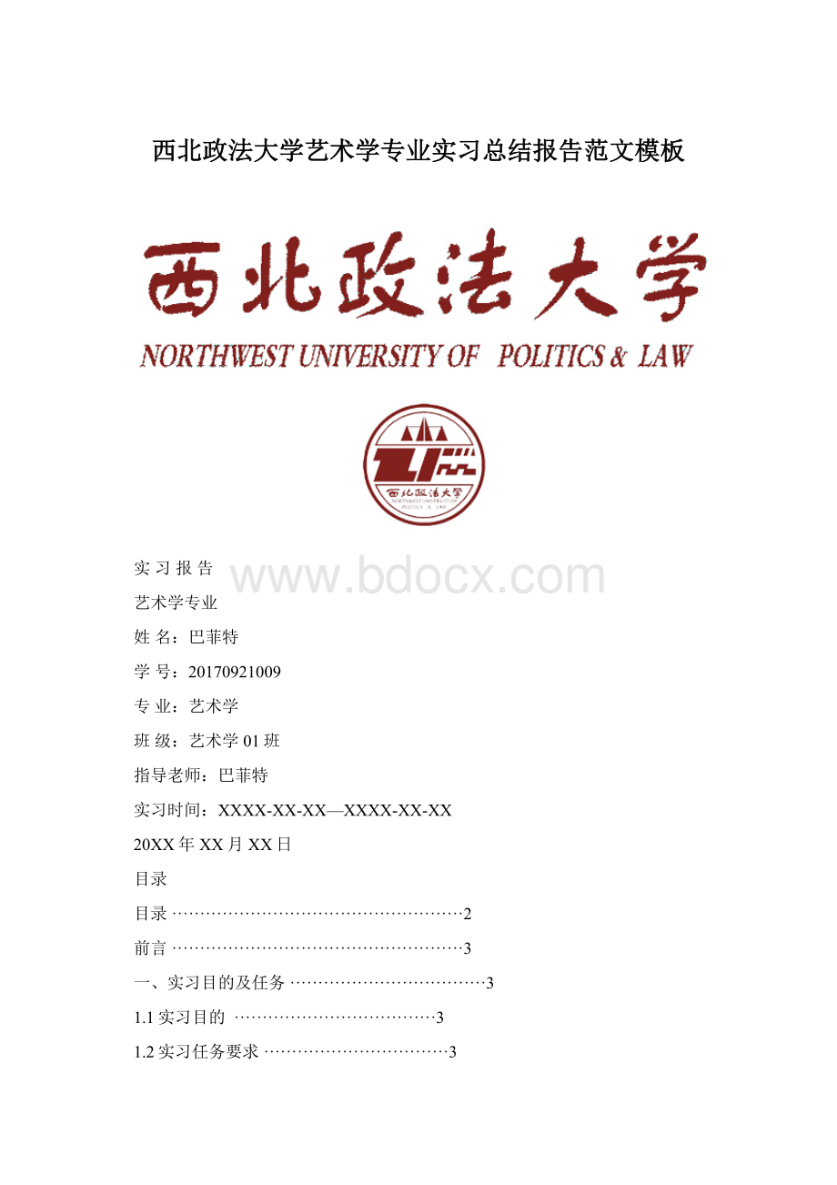 西北政法大学艺术学专业实习总结报告范文模板.docx_第1页