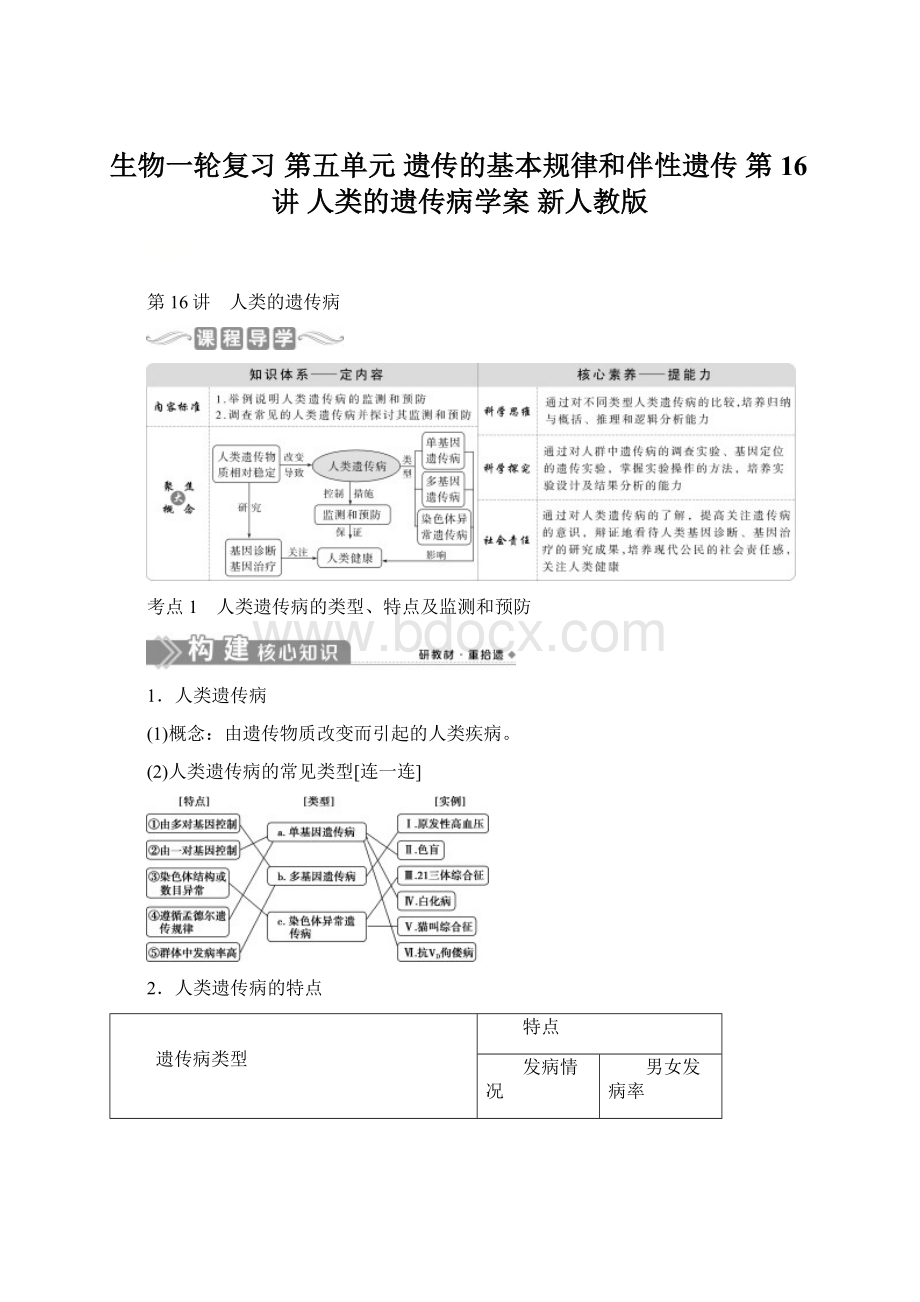 生物一轮复习 第五单元 遗传的基本规律和伴性遗传 第16讲 人类的遗传病学案 新人教版.docx_第1页