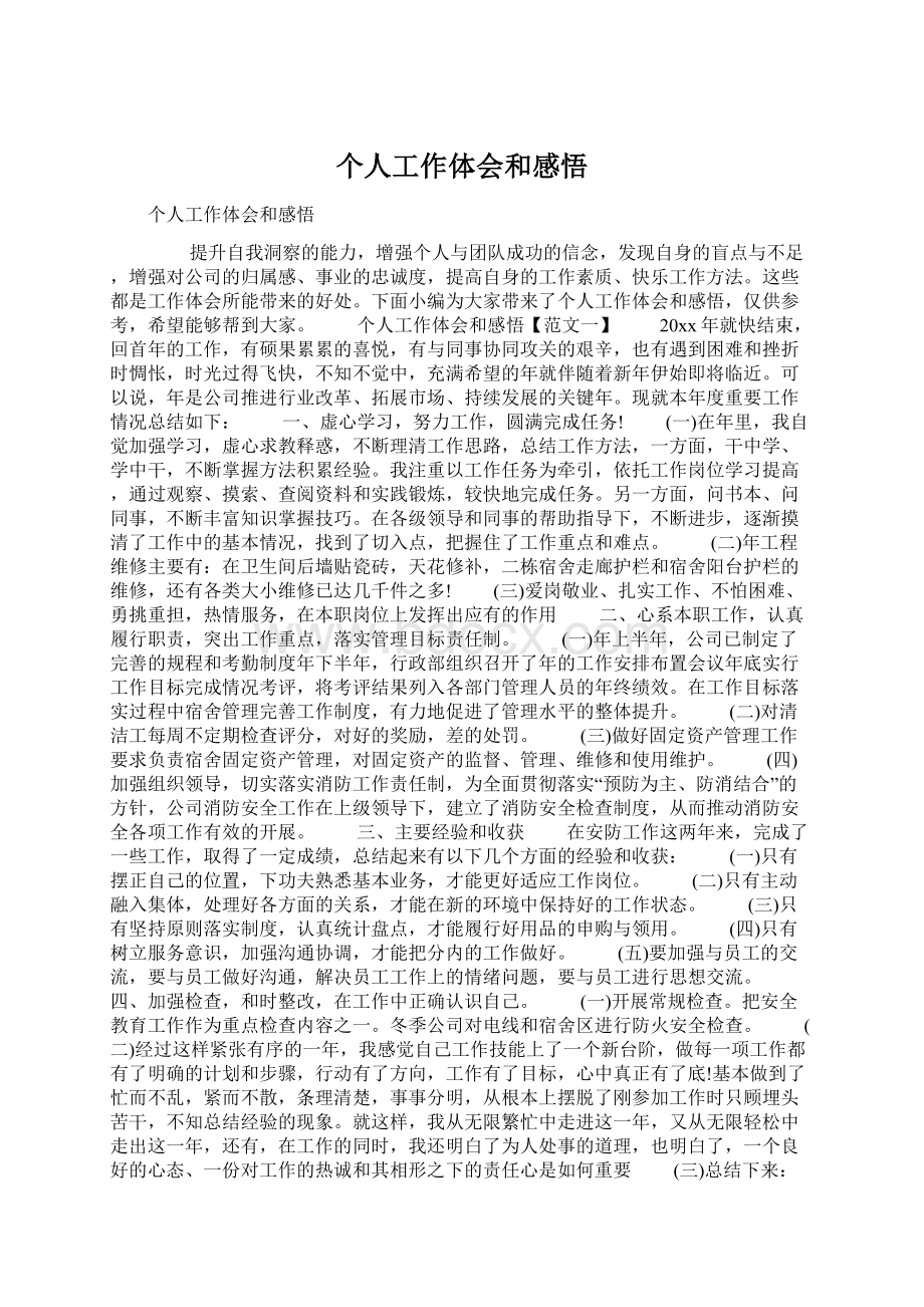 个人工作体会和感悟Word下载.docx