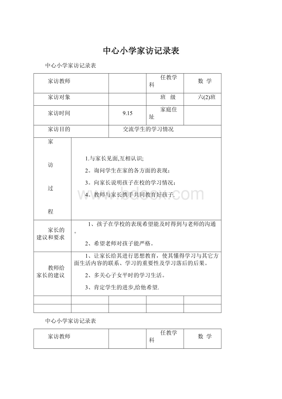 中心小学家访记录表Word格式文档下载.docx