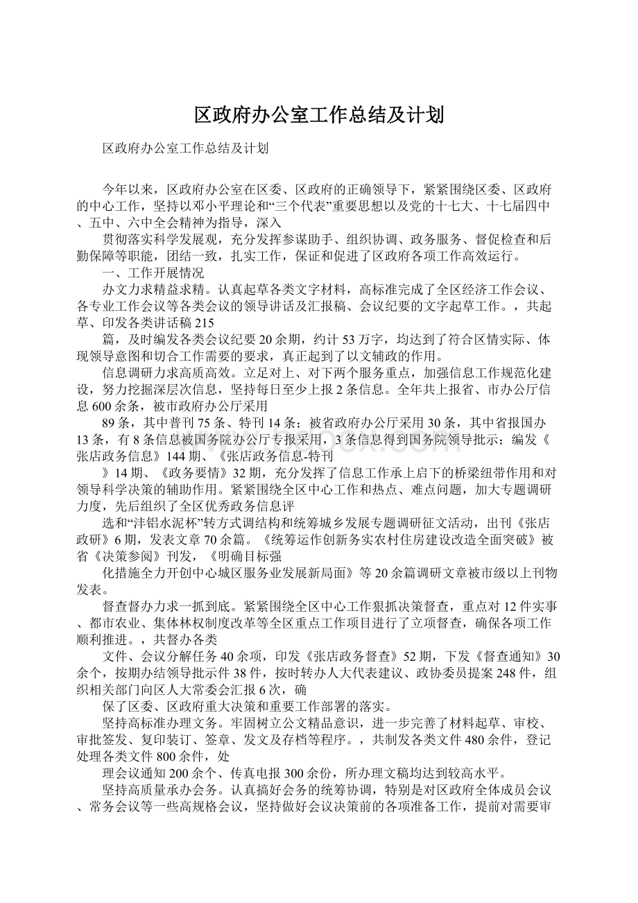 区政府办公室工作总结及计划.docx