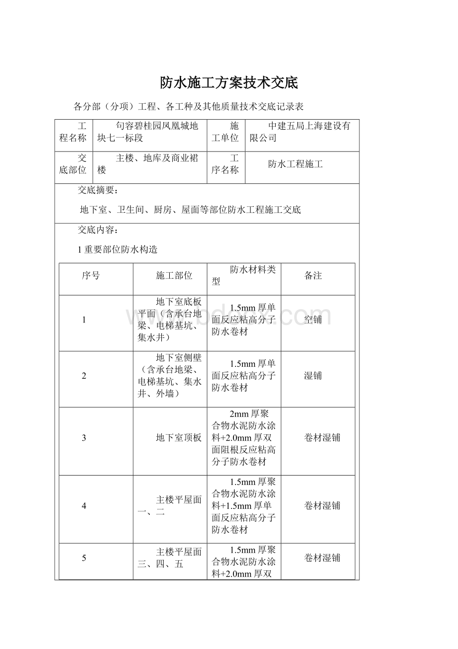 防水施工方案技术交底Word文件下载.docx