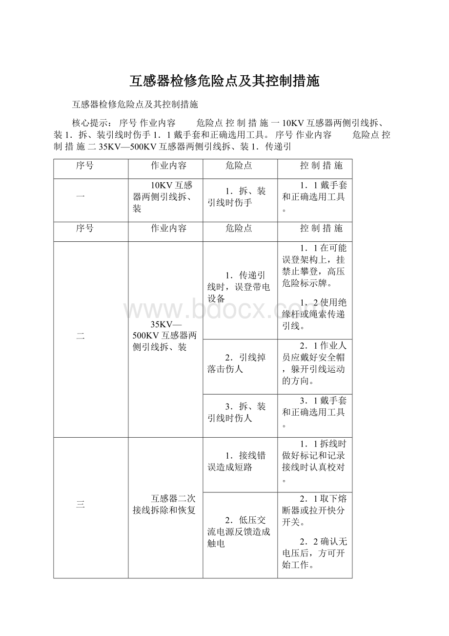 互感器检修危险点及其控制措施文档格式.docx