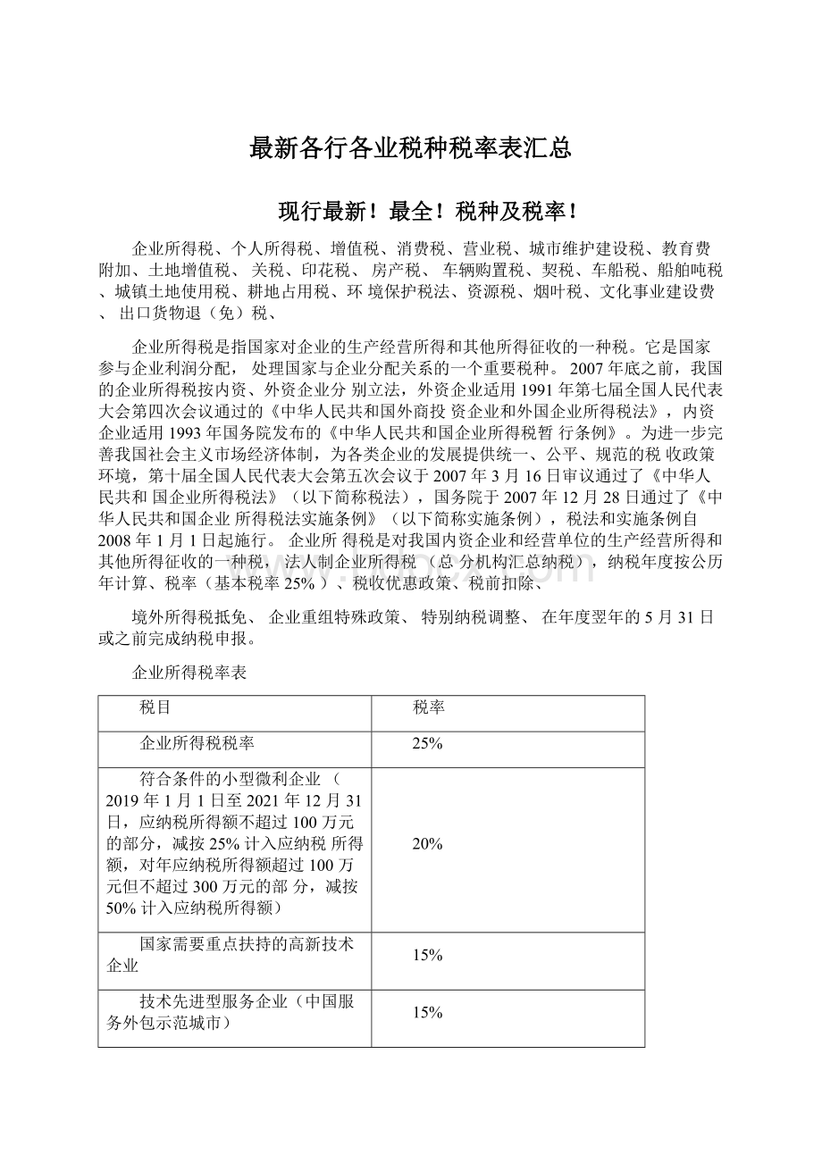 最新各行各业税种税率表汇总.docx