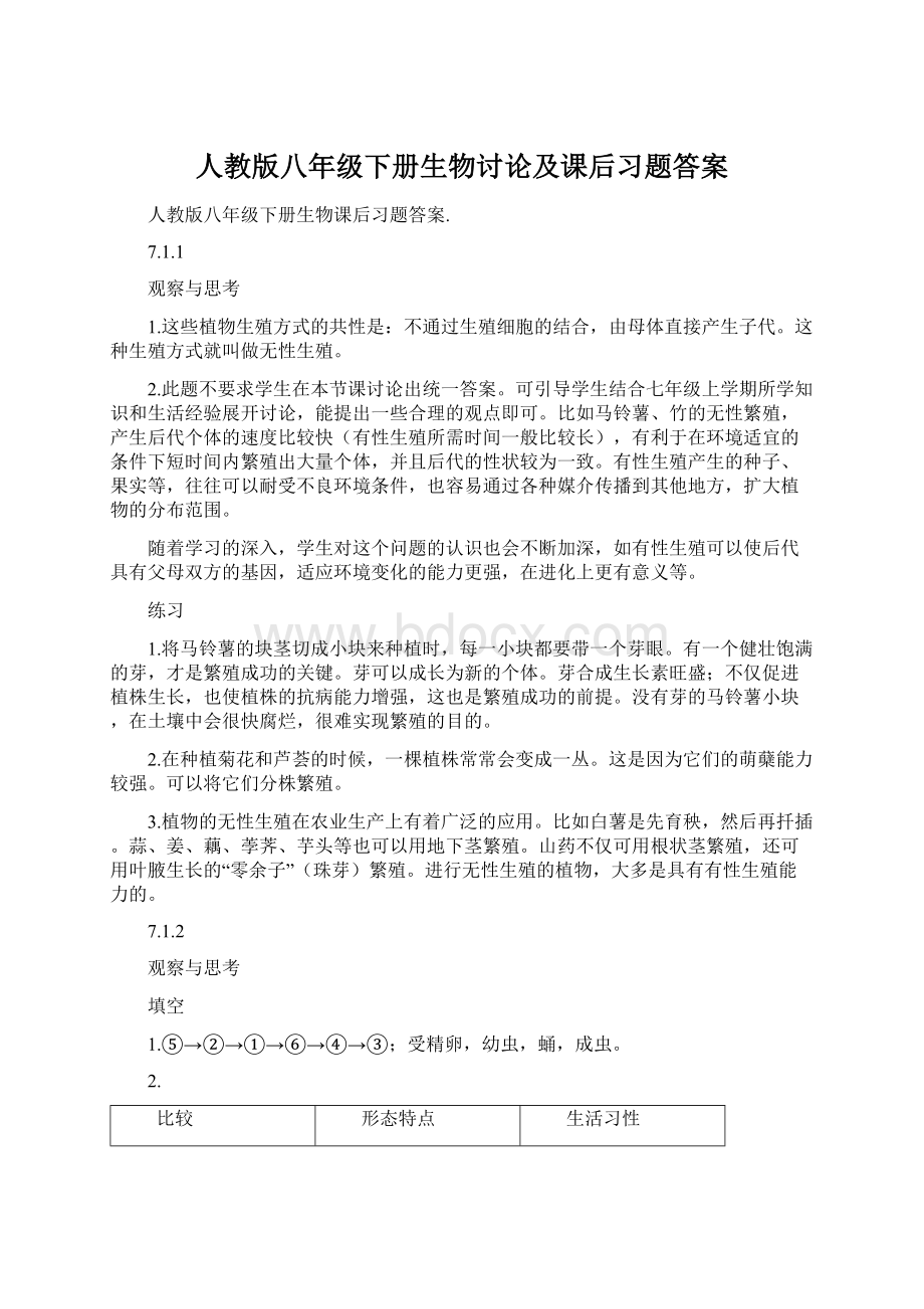 人教版八年级下册生物讨论及课后习题答案.docx_第1页