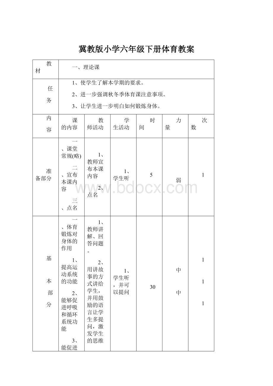 冀教版小学六年级下册体育教案.docx