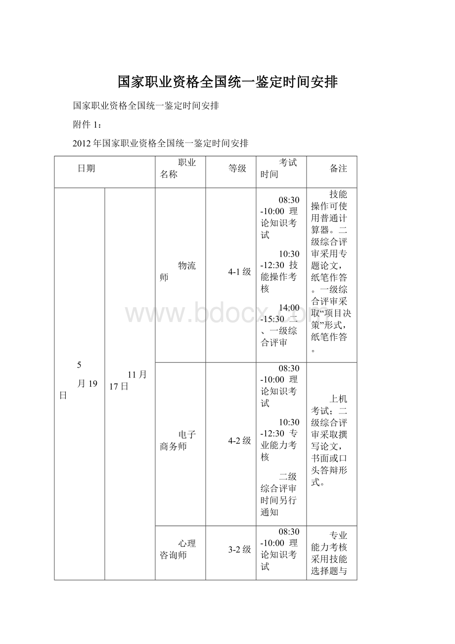 国家职业资格全国统一鉴定时间安排Word文档下载推荐.docx