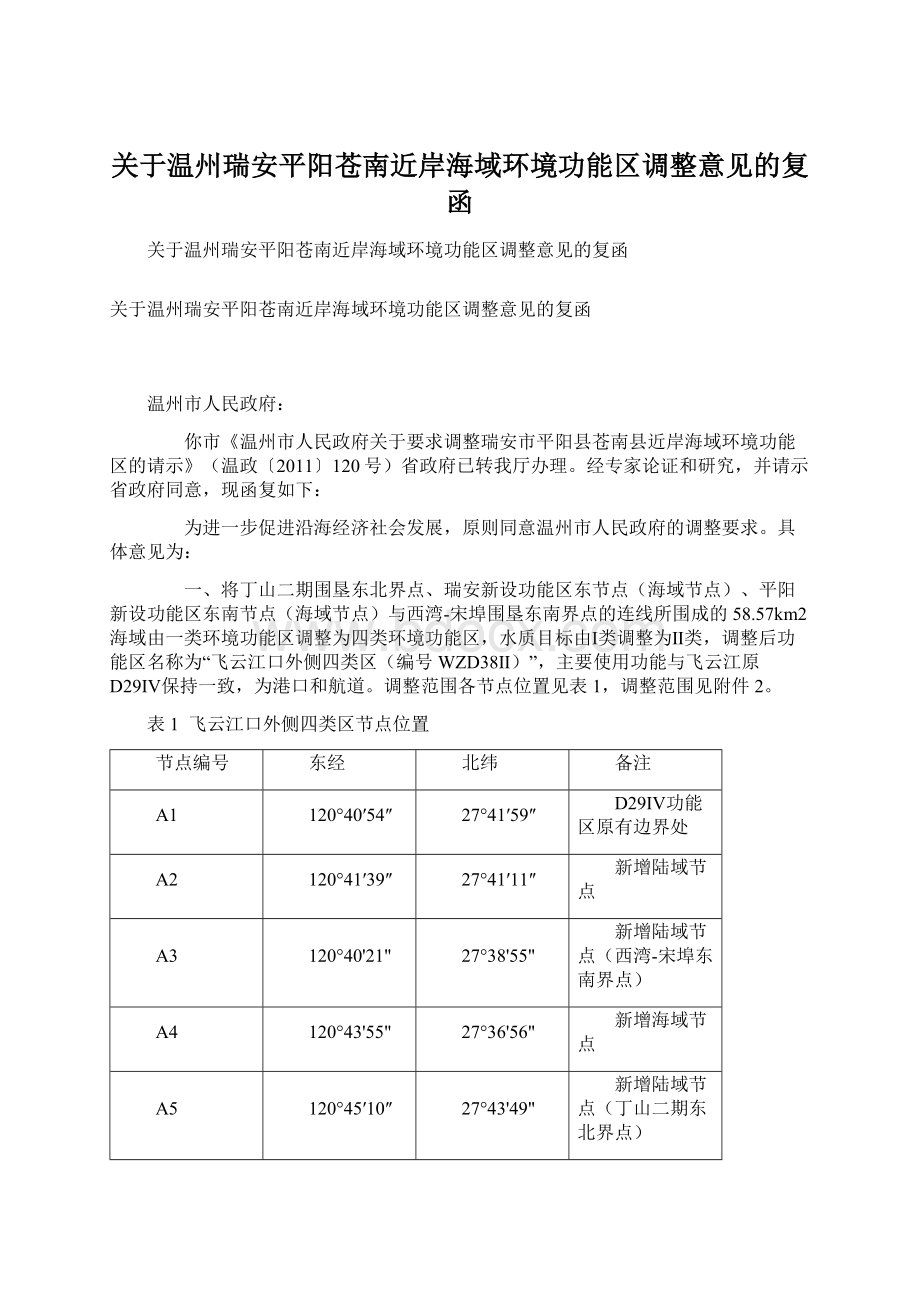 关于温州瑞安平阳苍南近岸海域环境功能区调整意见的复函.docx