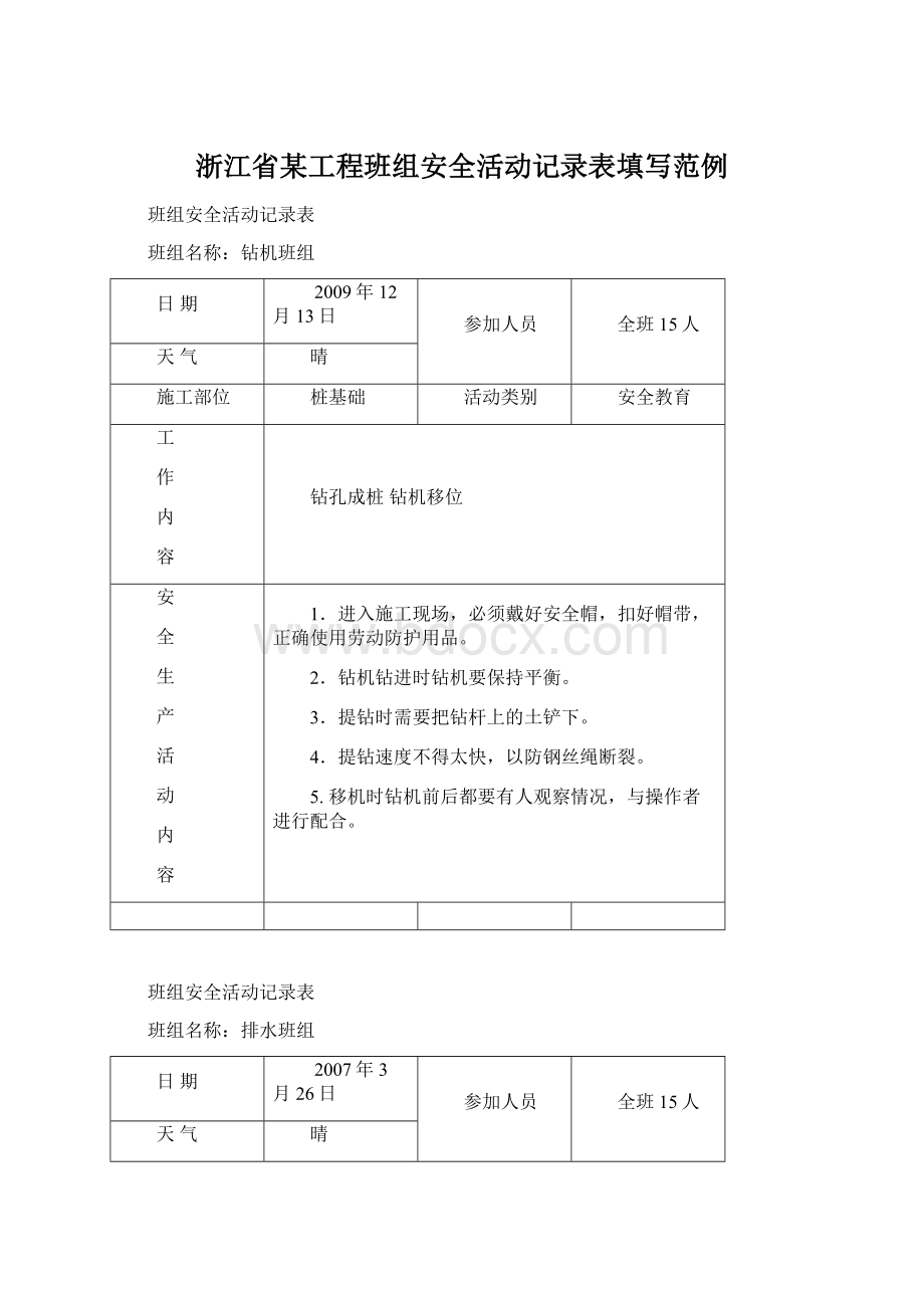 浙江省某工程班组安全活动记录表填写范例.docx