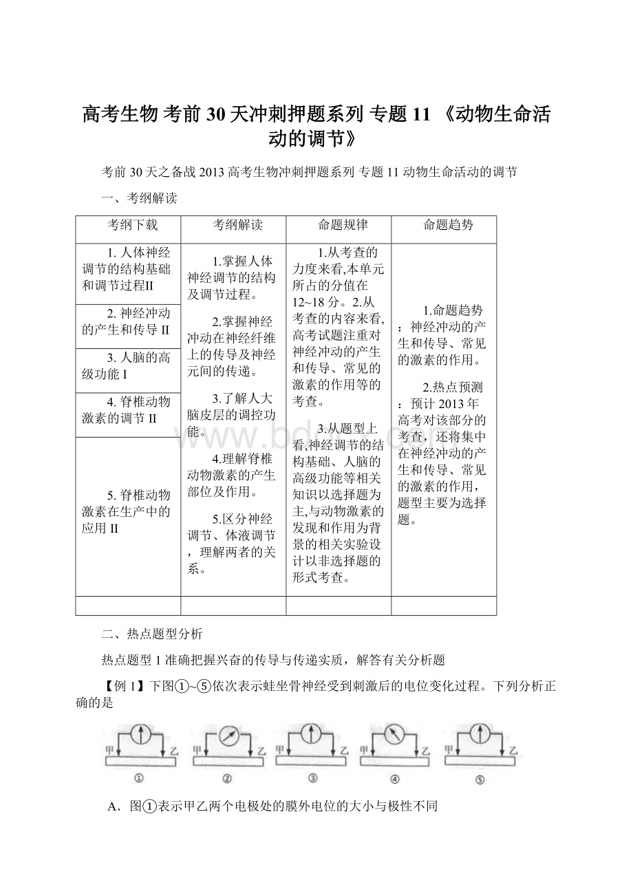 高考生物 考前30天冲刺押题系列 专题11 《动物生命活动的调节》Word文档下载推荐.docx