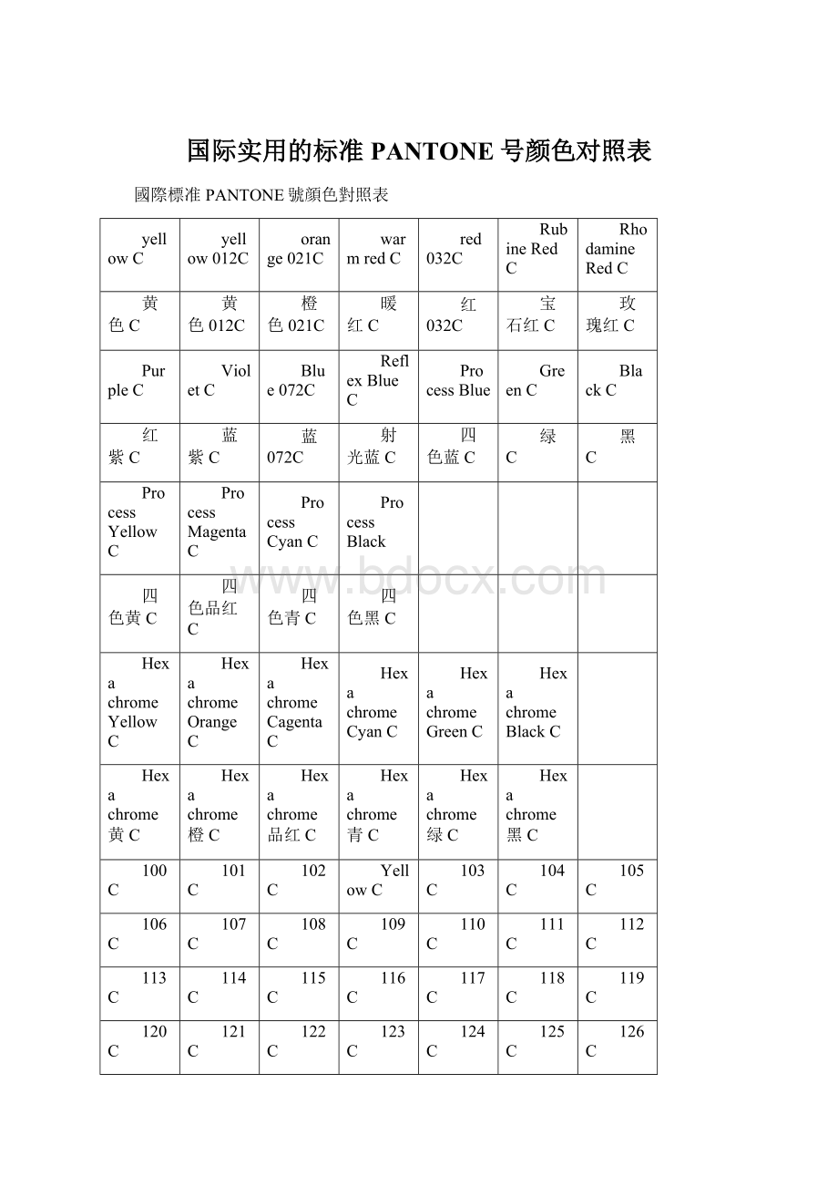 国际实用的标准PANTONE号颜色对照表Word文件下载.docx